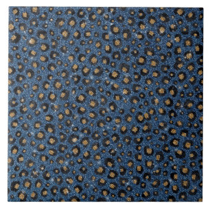 Skriv ut Guld Leopard i Classy Blue Glitter Black Kakelplatta