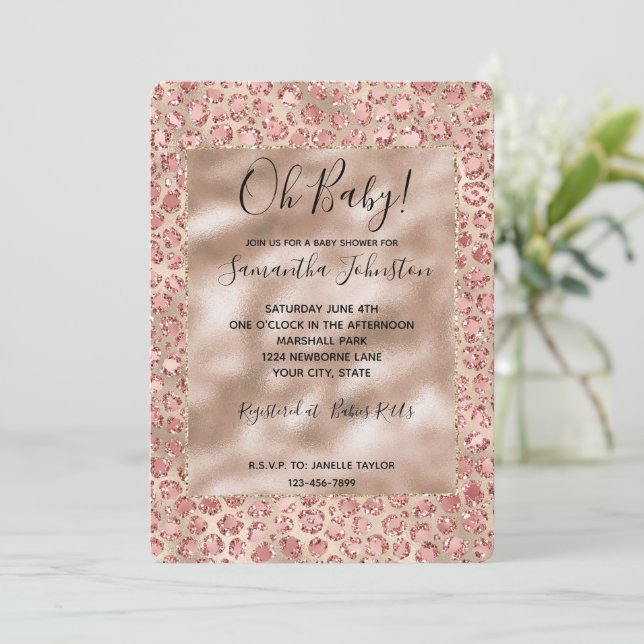Skriv ut guld Luxe  Rosa Glitter Leopard Skriv ut Inbjudningar (Stående Fram)