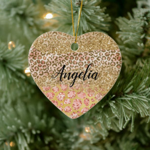 Skriv ut Guld Peach Glitter Leopard Julgransprydnad Keramik
