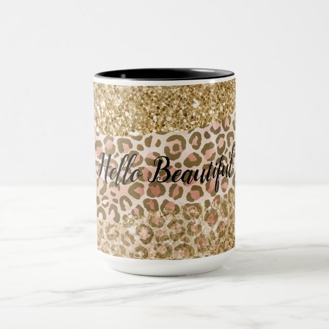 Skriv ut Guld Peach Glitter Leopard Mugg (Center)