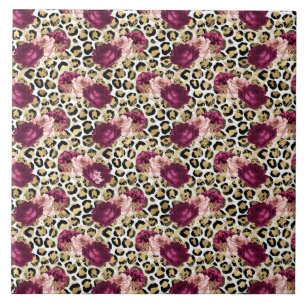 Skriv ut Guld Rosa Blommigt Leopard Kakelplatta