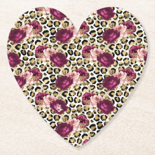 Skriv ut Guld Rosa Blommigt Leopard Underlägg Papper