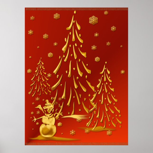 Skriv ut guld Snögubbe och Julgran Poster (Framsidan)