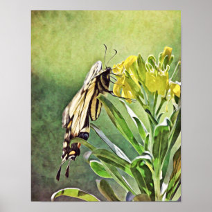 Skriv ut gult Butterfly and Flowers Art Poster