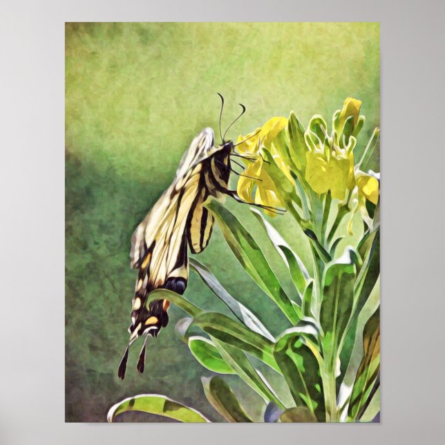 Skriv ut gult Butterfly and Flowers Art Poster (Framsidan)