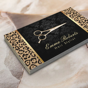 Skriv ut Hair Stylist Guld Sissor Damask Leopard Visitkort