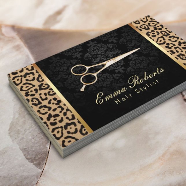 Skriv ut Hair Stylist Guld Sissor Damask Leopard Visitkort (Skapare uppladdad)