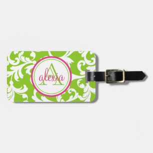 Skriv ut hallon och Lime Monogrammed Damask Bagagebricka