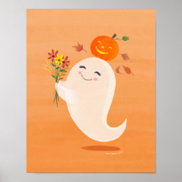 Skriv ut Halloween Cute Ghost och Flowers Art Poster