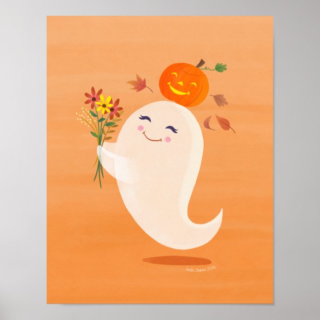 Skriv ut Halloween Cute Ghost och Flowers Art Poster (Framsidan)