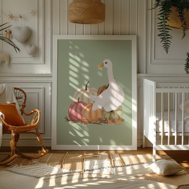 Skriv ut hösten Goose Wall Art Farmhouse Poster (Whimsical goose art print surrounded by pumpkins and fall leaves.)