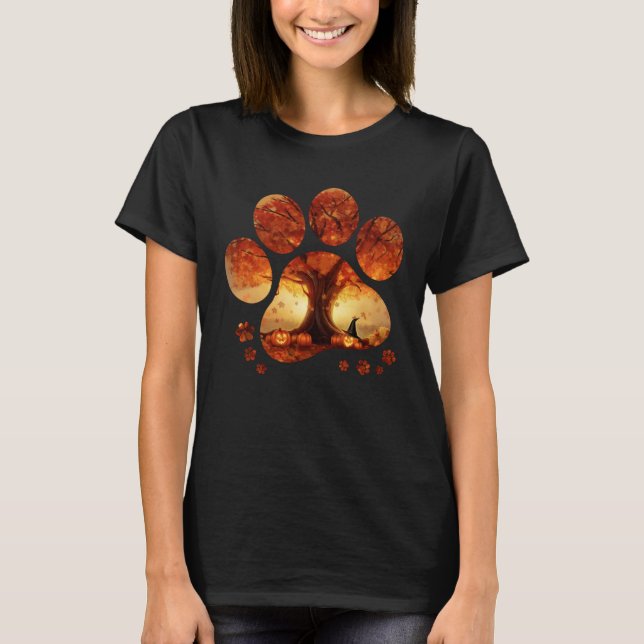 Skriv ut Hund Fall Halloween Pumpkin Cat Paw T Shirt (Framsida)
