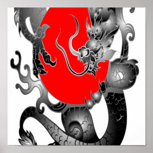 Skriv ut Japan Flagga Fire Dragon Poster