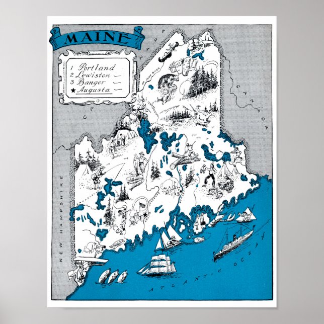 Skriv ut Karta Vintage Beach Decor Print för Maine Poster (Framsidan)