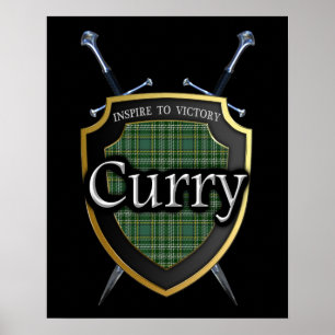 Skriv ut klan Currie Curry Tartan Shield & Swords Poster