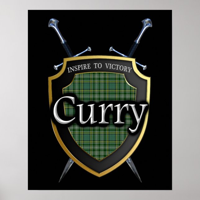Skriv ut klan Currie Curry Tartan Shield & Swords Poster (Framsidan)