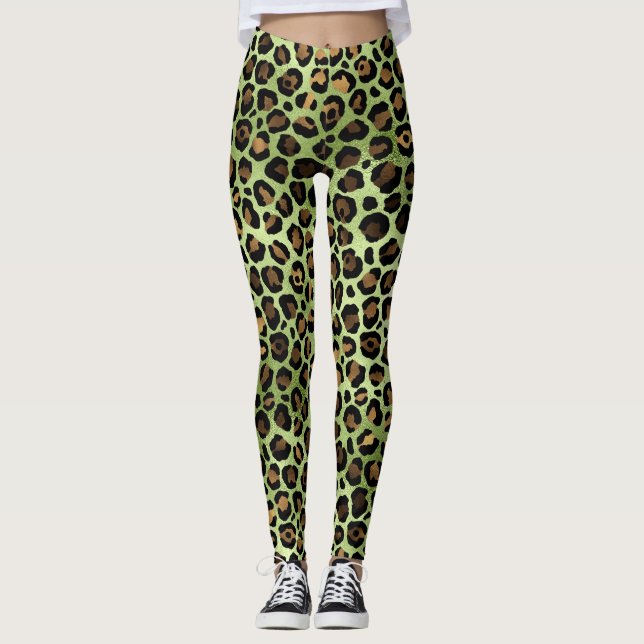 Skriv ut leopard för exotisk Grönt Leggings (Framsida)