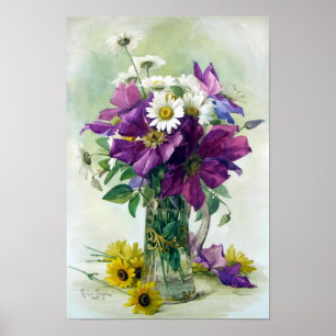 Skriv ut lila Clematis och vita Daisy Poster