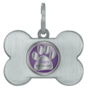 Skriv ut lila och Silver Paw   Anpassa Namnbricka Husdjur