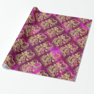 Skriv ut Magentan Guld Dragon Satin Skriv ut Presentpapper