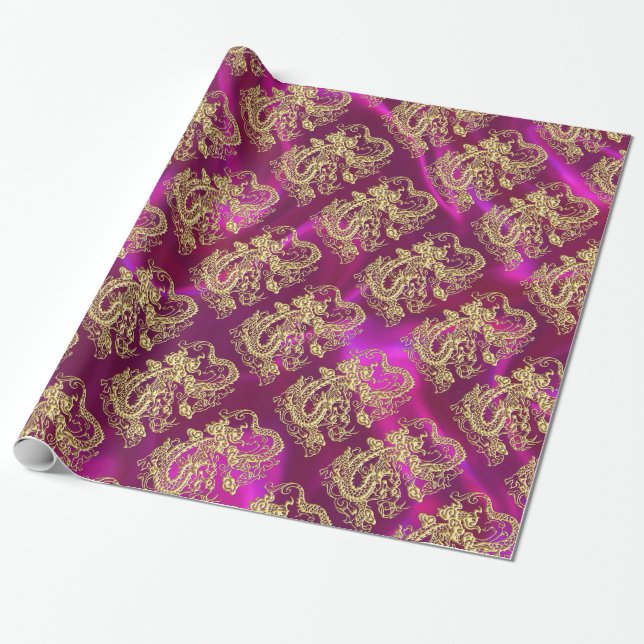 Skriv ut Magentan Guld Dragon Satin Skriv ut Presentpapper (Utrullad)