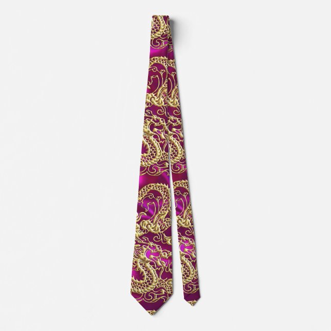 Skriv ut Magentan Guld Dragon Satin Skriv ut Slips (Framsida)