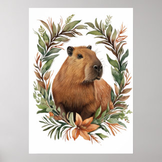 Skriv ut med Capybara Blommigt Art Poster