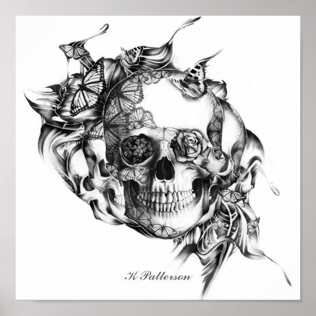 Skriv ut med Skull och Butterflies Art Poster (Framsidan)