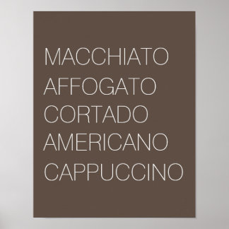 Skriv ut minimalistiska brun- och vitkaffetyper poster