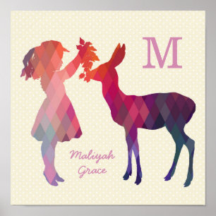 Skriv ut modern Vintage Girl and Hjort Nursery Wal Poster