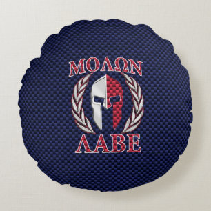 Skriv ut molon Labe Warrior Mask Blue Carbon Fiber Rund Kudde