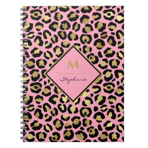 Skriv ut Monogram för Shock rosa Black & Guld Leop Anteckningsbok