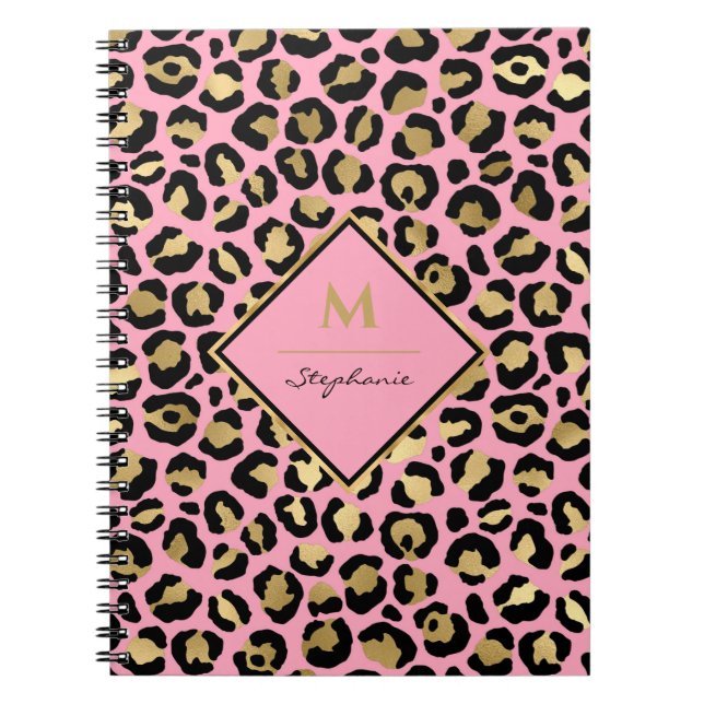 Skriv ut Monogram för Shock rosa Black & Guld Leop Anteckningsbok (Framsidan)