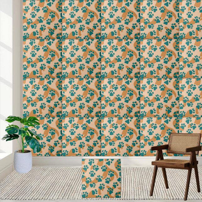 Skriv ut Mönster-plattan för skalning och tan Paw Kakelplatta (Teal and Tan Paw Print Pattern Tile)
