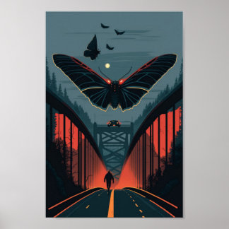Skriv ut Mythical Mothman och Silver Bridge Woodcu Poster