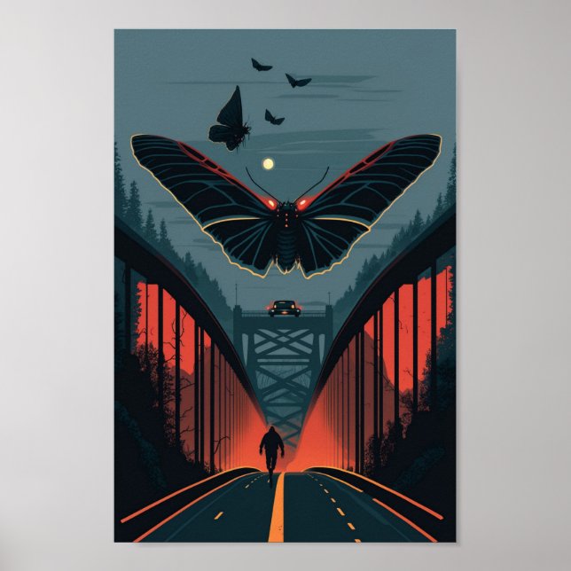 Skriv ut Mythical Mothman och Silver Bridge Woodcu Poster (Framsidan)