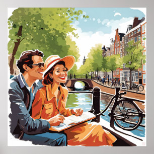 Skriv ut några på en kanal i Amsterdam Poster