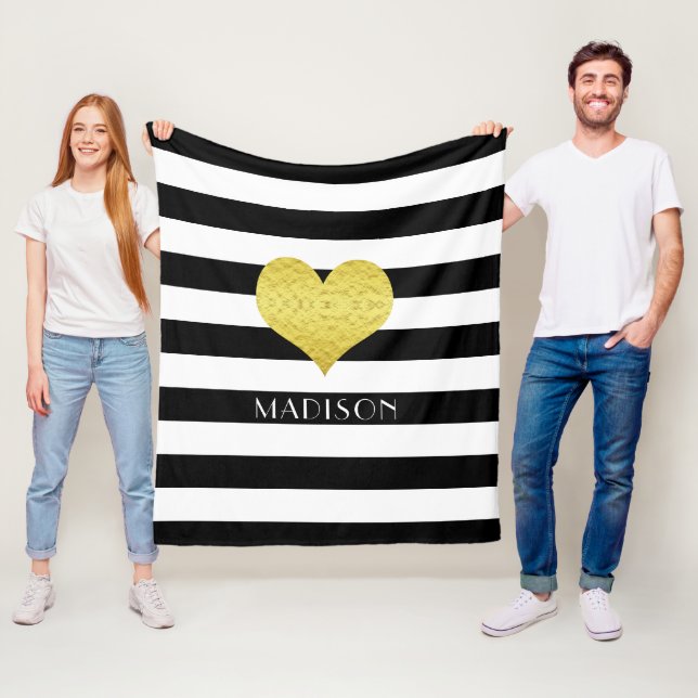 Skriv ut namn Black White Guld Heart Mönster Fleecefilt (På plats)