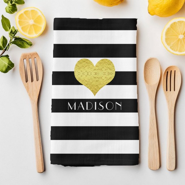 Skriv ut namn Black White Guld Heart Mönster Kökshandduk (Name Black White Gold Heart Pattern Print Kitchen Towel)