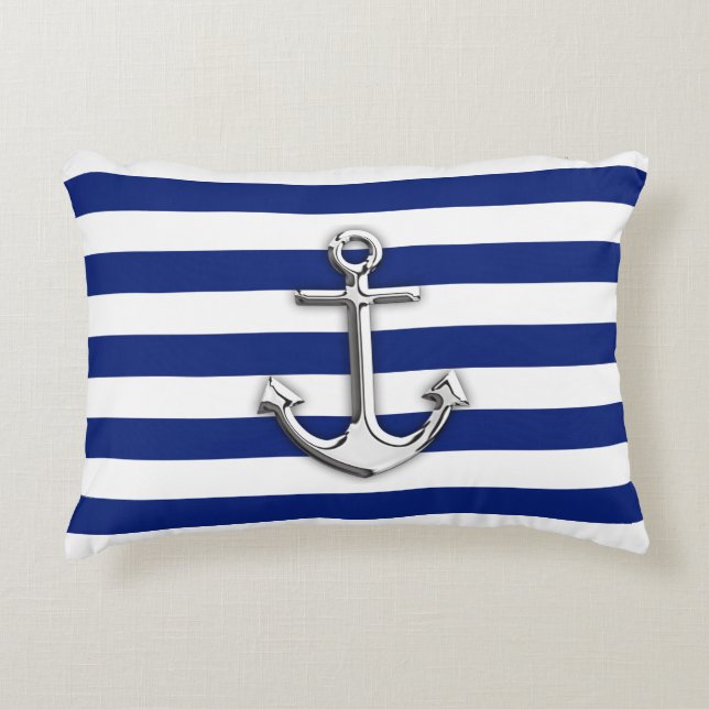 Skriv ut Nautical Chrome Anchor på Navy Rand Prydnadskudde (Framsidan)