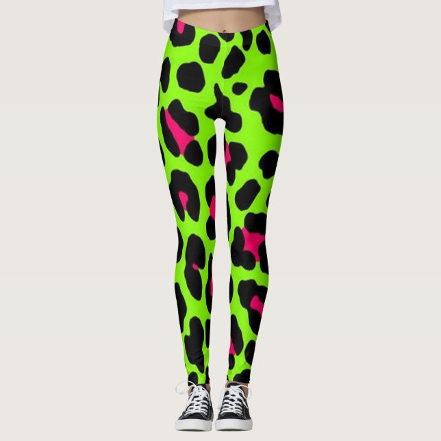 Skriv ut Neon Grönt Leopard Leggings (Framsida)