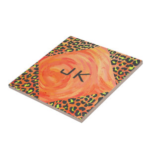 Skriv ut Orange och Gult för leopard Monogram Kakelplatta