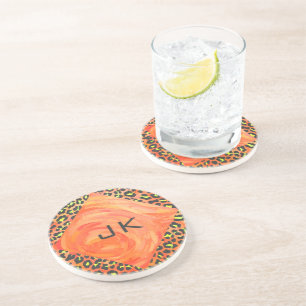 Skriv ut Orange och Gult för leopard Monogram Underlägg Sandsten