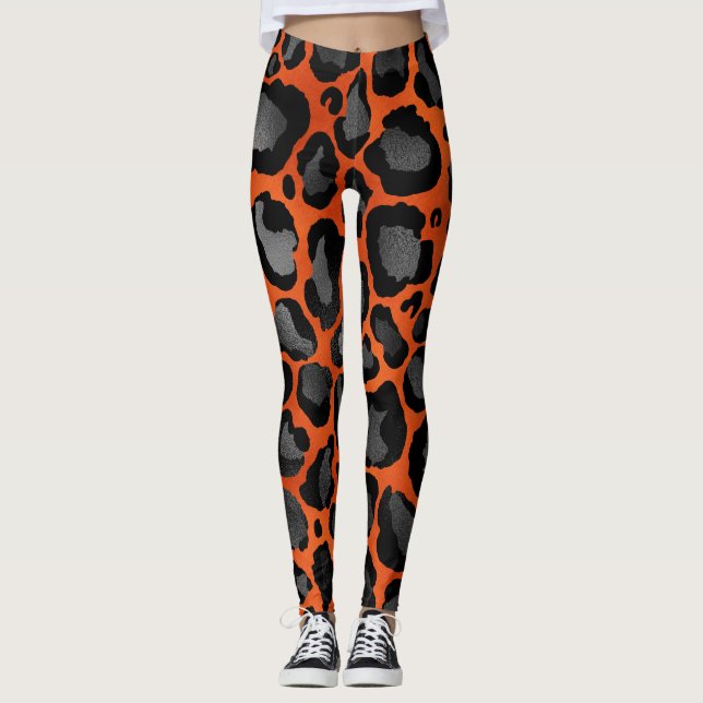 Skriv ut orange och svart leopard leggings (Framsida)