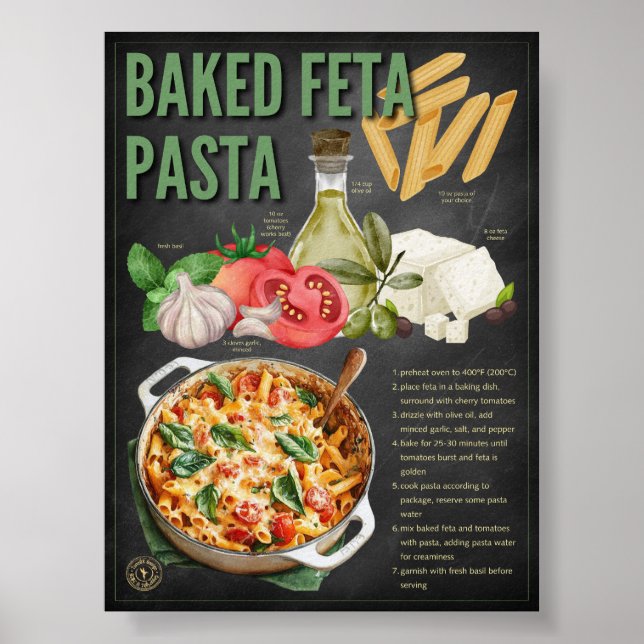 Skriv ut på bakat Feta Pasta Recipe Chalkboard Poster (Framsidan)