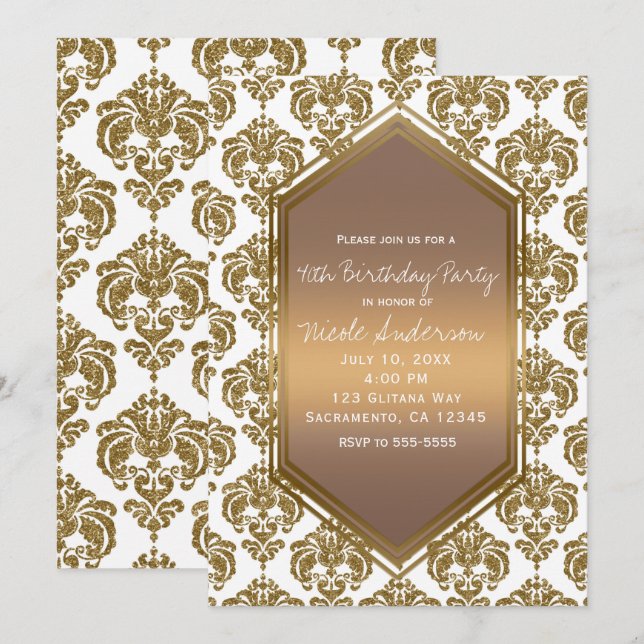 Skriv ut Party på Glam Damask Glitter i Guld Inbjudningar (Fram/baksida)