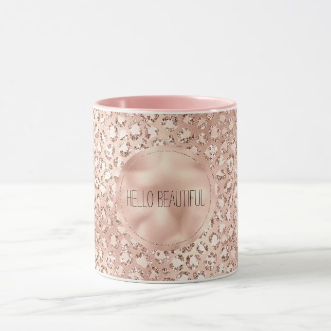 Skriv ut Peach Ro Guld  Rosa Glitz Leopard Mugg (Center)