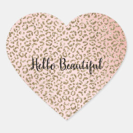 Skriv ut Peach Rosa Glitter Guld Leopard Hjärtformat Klistermärke