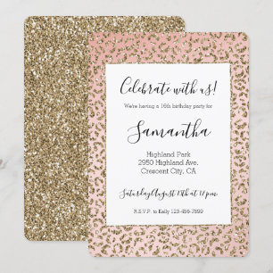 Skriv ut Peach Rosa Glitter Guld Leopard Inbjudningar