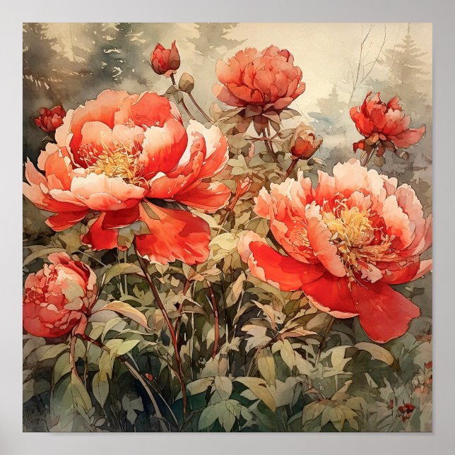 Skriv ut Peony Flowers Art Print Poster (Framsidan)